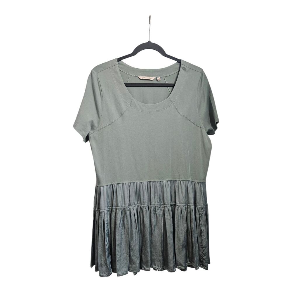 Soft Surrounding Womens L Top Blouse Green Sage S/S Tiered Stretch Scoop